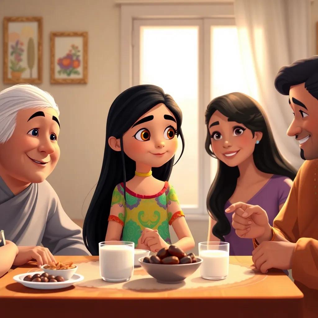 A determined young girl, Leila, with long black hair, wearing a colorful dress, sitting at a table with her parents, having a pre-dawn meal with dates and milk, bright morning light, warm colors, inviting home environment, family togetherness