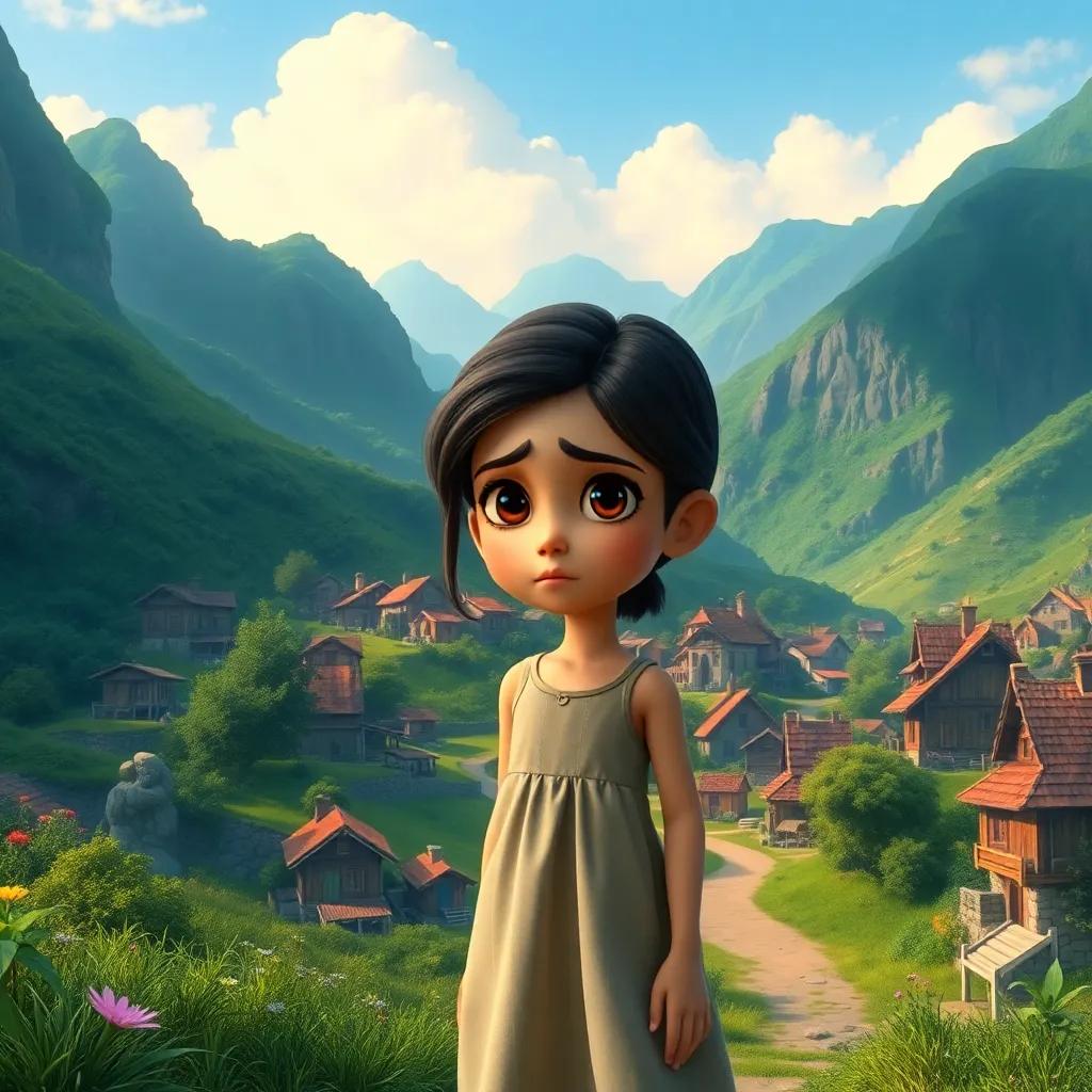 A small village surrounded by lush green mountains, with a young girl named Leila, wearing a simple dress, looking thoughtful and sad, digital art, warm colors, vibrant atmosphere, inviting perspective, high quality