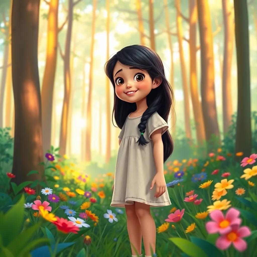 Leila, a young girl with long, dark hair wearing a simple dress, exploring a colorful forest filled with tall trees and vibrant flowers, digital painting, cheerful, natural light, bright colors, vibrant perspective, high quality