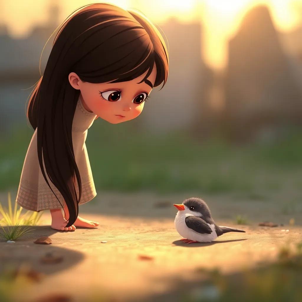 A small injured bird lying on the ground, with Leila, a young girl with long, dark hair in a simple dress, bending over it with a concerned expression, digital illustration, warm sunlight, gentle colors, emotional focus, high quality