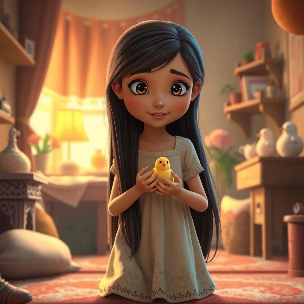 Leila, a young girl with long, dark hair in a simple dress, nurturing the small bird in her cozy room filled with love and care, digital art, warm colors, heartwarming atmosphere, inviting perspective, high quality