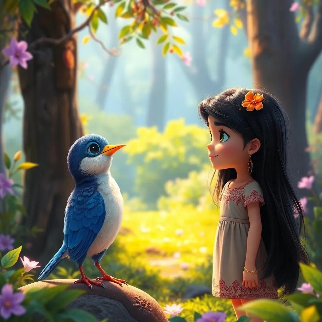 The little bird, now healed and vibrant, talking to Leila, a young girl with long, dark hair in a simple dress, in a magical forest, digital fantasy art, bright colors, enchanting atmosphere, vibrant perspective, high quality