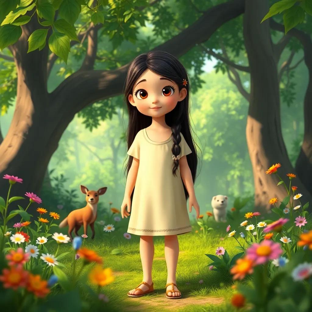 Leila, a young girl with long, dark hair in a simple dress, announcing her three wishes in the forest among flowers and wildlife, digital art, bright colors, hopeful atmosphere, uplifting perspective, high quality