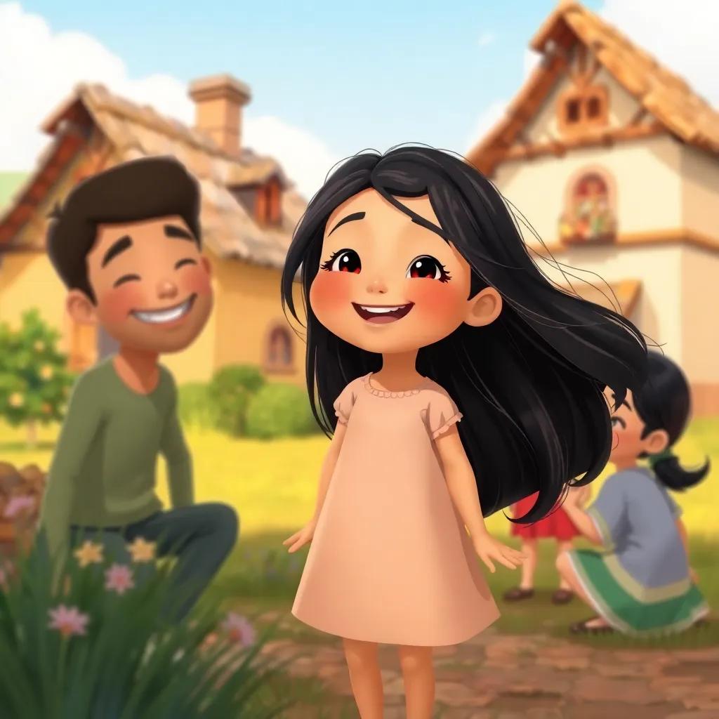 Leila, a young girl with long, dark hair in a simple dress, happily playing with her new family in a warm village setting, with laughter and joy, digital illustration, cheerful, sunny colors, joyful ambiance, high quality