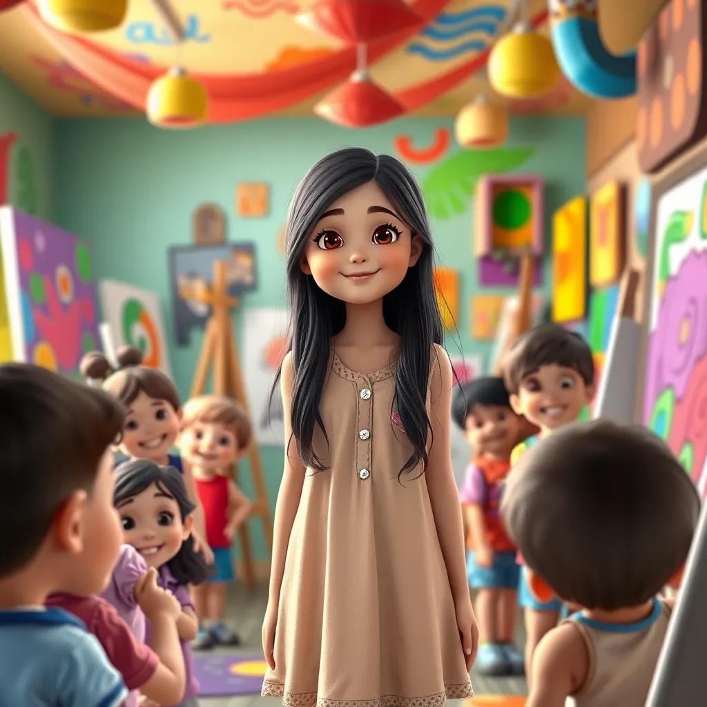 Leila, a young girl with long, dark hair in a simple dress, teaching children to paint in a colorful art studio, surrounded by cheerful kids and vibrant art, digital art, energetic, colorful atmosphere, engaging perspective, high quality