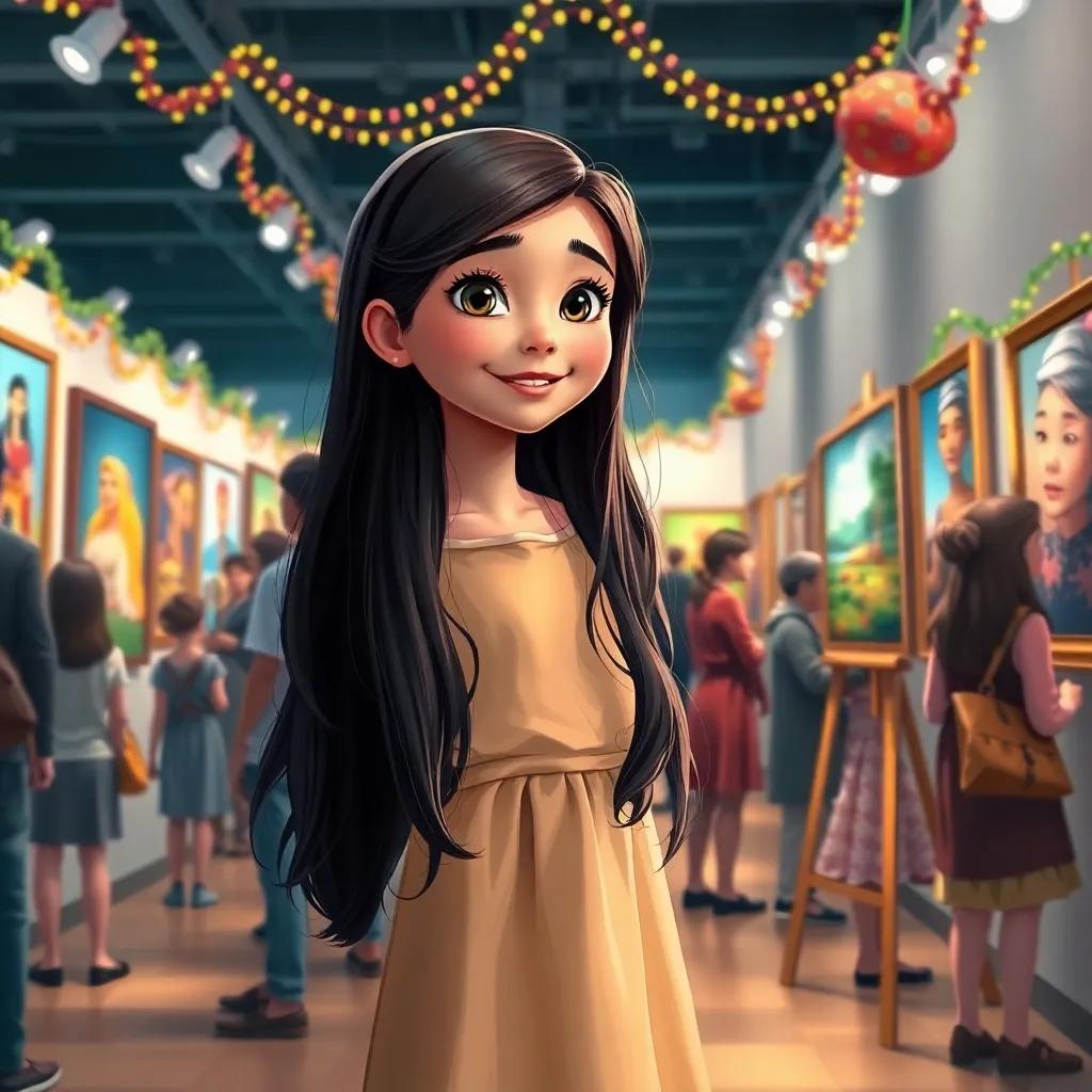 Leila, a young girl with long, dark hair in a simple dress, proudly showcasing her artwork at an exhibition with people admiring it, digital painting, festive colors, inspiring atmosphere, high quality