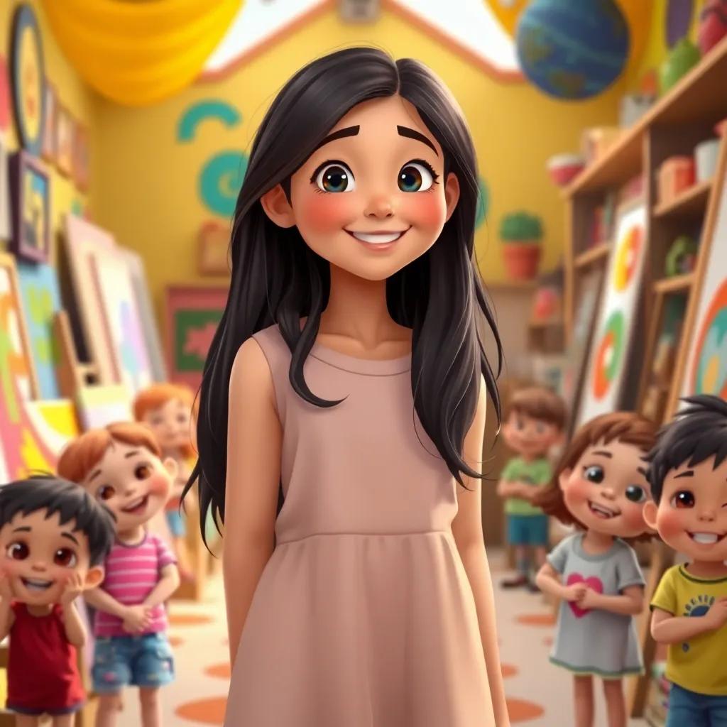 Leila, a young girl with long, dark hair in a simple dress, standing in her vibrant art studio, smiling and feeling proud, surrounded by happy children, digital art, bright colors, hopeful and inspiring atmosphere, high quality