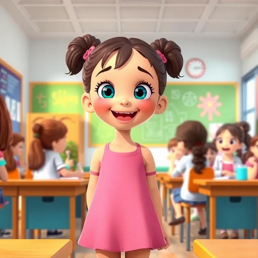 A young girl with a bright smile, wearing a pink dress, standing in a lively classroom, surrounded by girls, expressing excitement about science, cheerful atmosphere, school setting, digital illustration