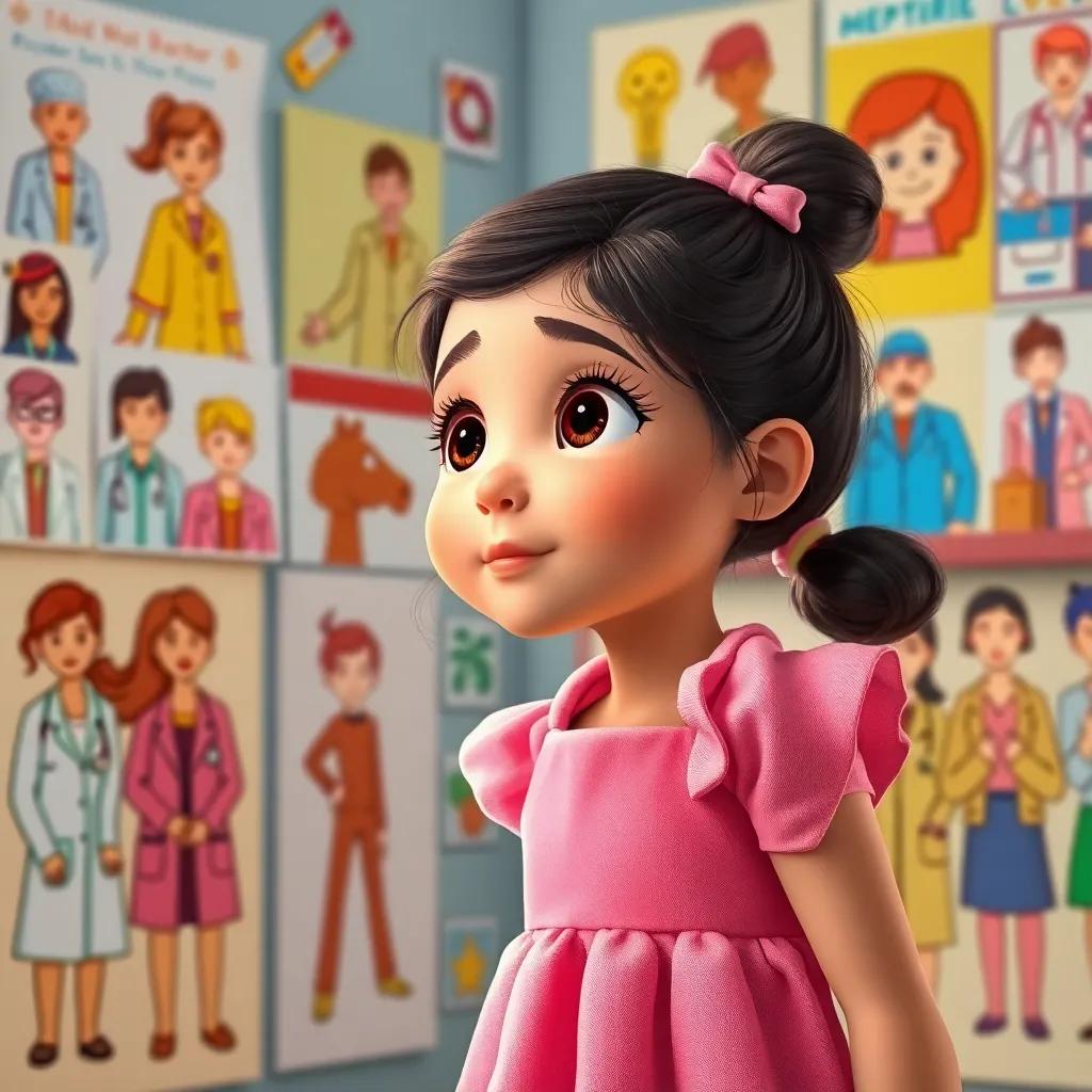 A young girl, Leila, with a pink dress, dreaming of becoming a doctor, looking inspired surrounded by colorful drawings of various professions, bright colors, warm lighting