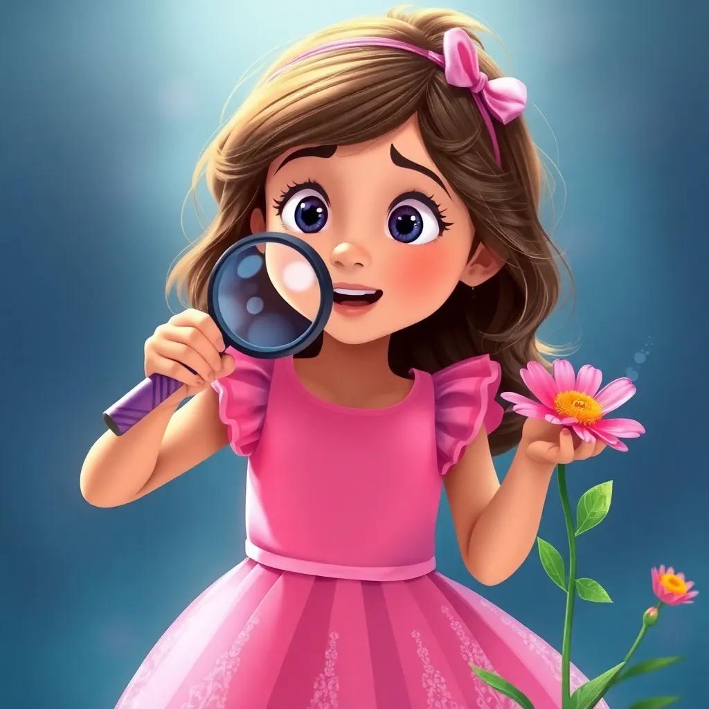 Leila, a young girl in a pink dress, holding a magnifying glass, excitedly looking at a flower, awe-struck, detailed illustration, scientific exploration theme