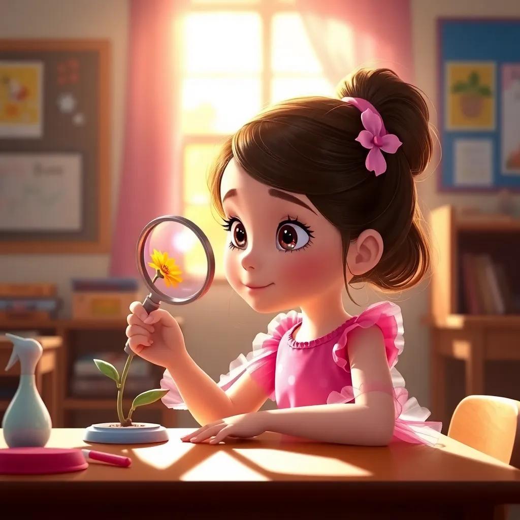 Leila, a young girl with a pink dress, gazing through a magnifying glass at a flower, bright sunlight shining through the classroom window, vibrant colors, digital art