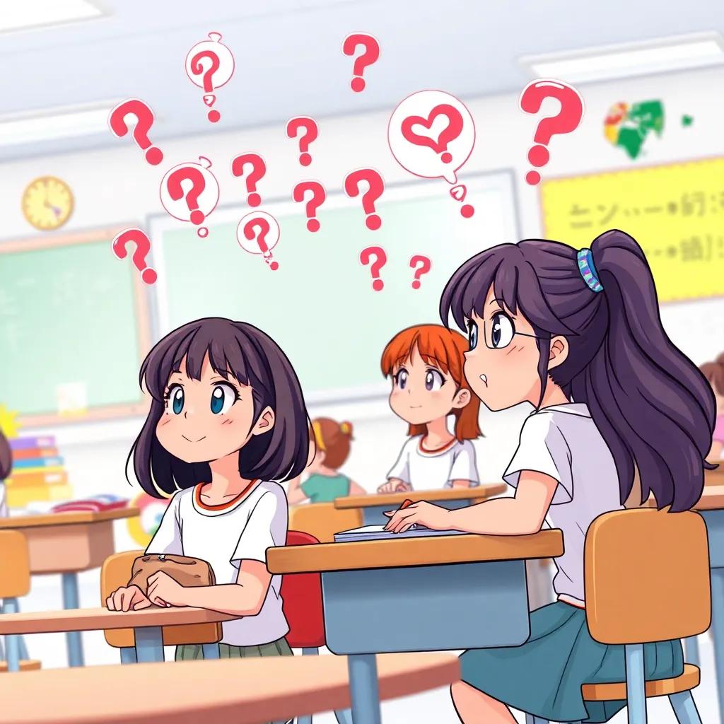 Girls in the classroom, curious and engaged, with questions bubbling up in the air, a sense of wonder, they are enthusiastic and eager to learn, colorful classroom decor, illustration style