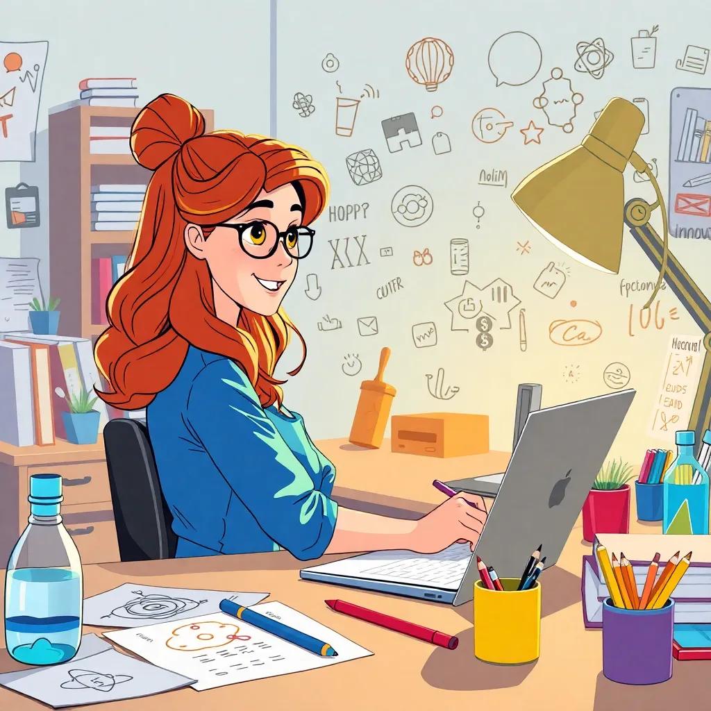 Leila back at her desk, filled with innovation and creative ideas, doodling and brainstorming science projects, colorful art, inspiring children's creativity