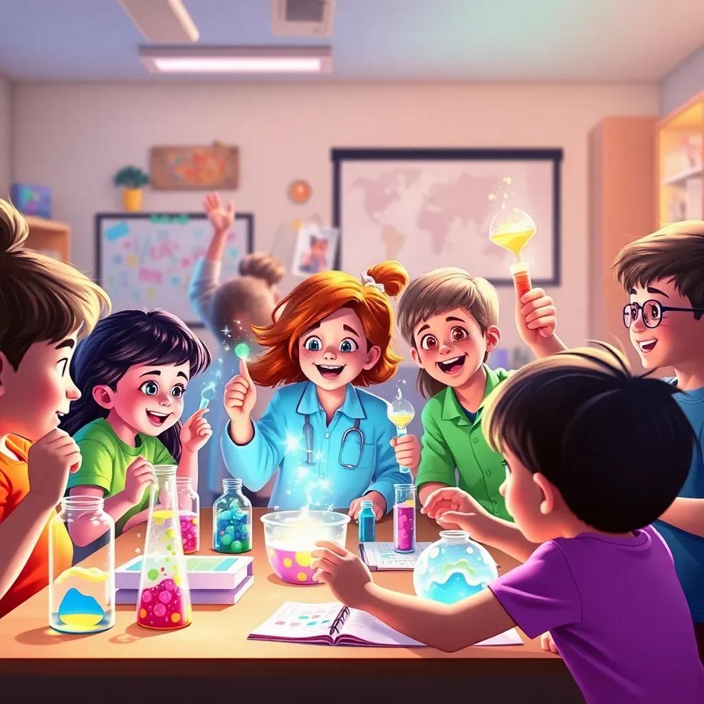 A group of children inspired and excited about their science projects, vibrant colors, energy and creativity filling the room, digital painting