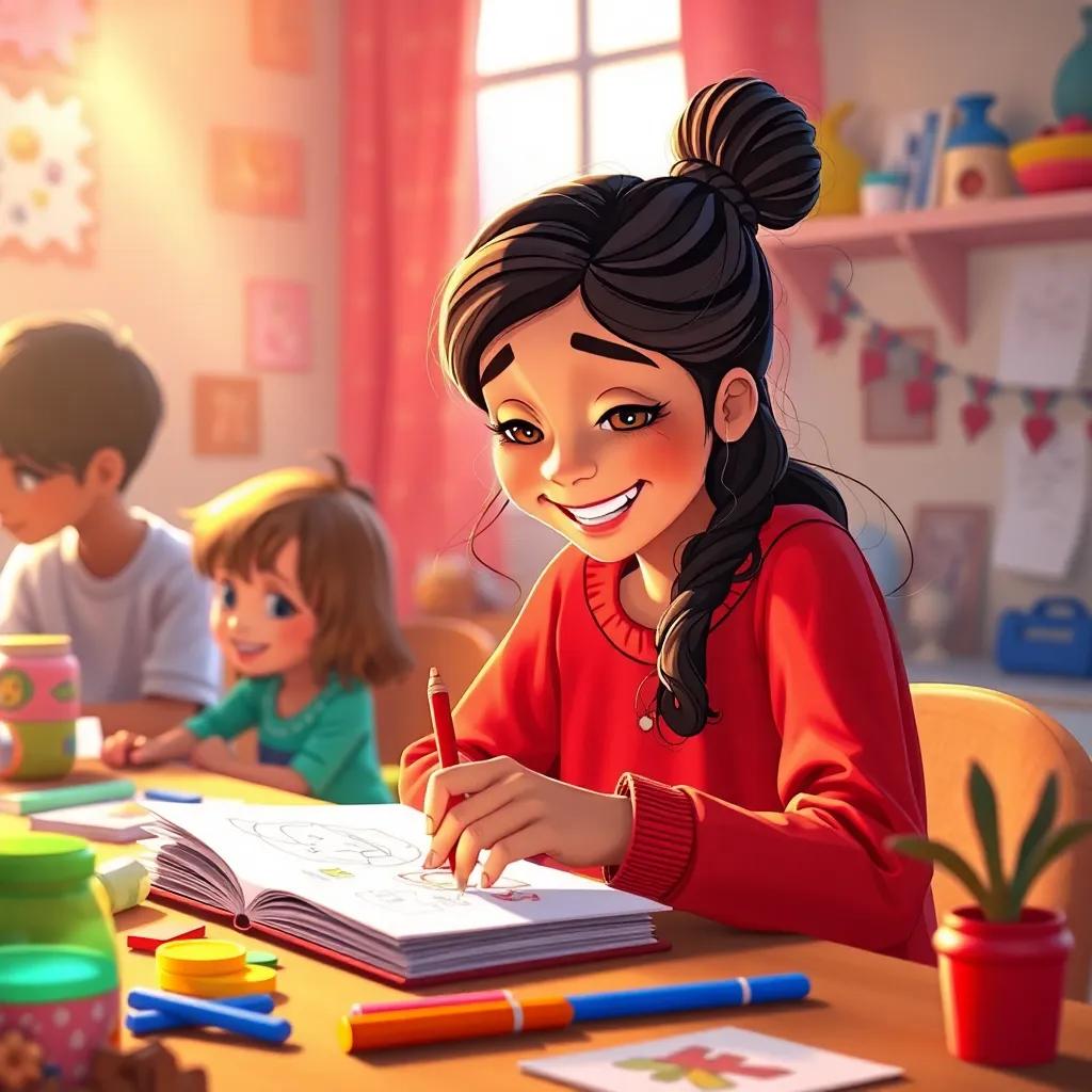 Leila happily sketching her ideas for future projects, bright and colorful elements around her with other kids sharing their ideas too, warm vibrant light