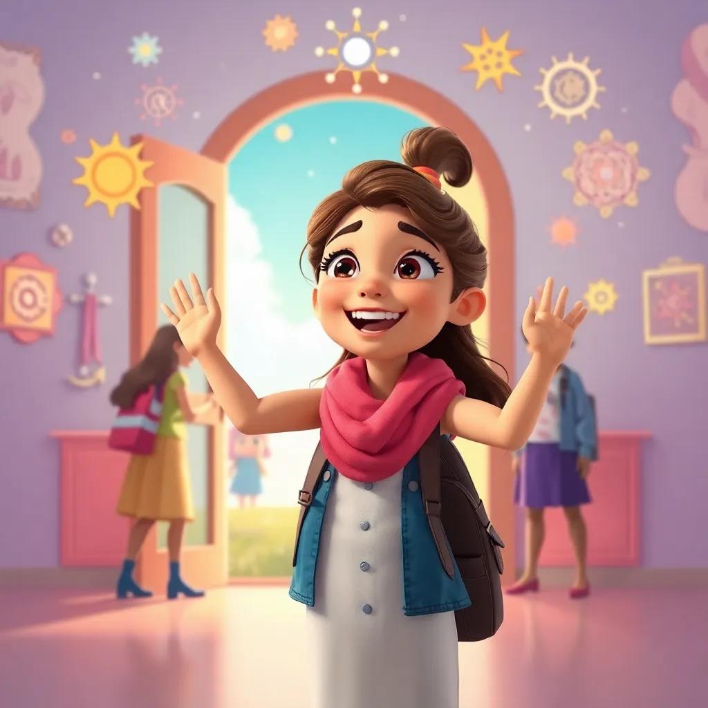 Leila, excited about the future, imagining doors opening for her and her friends with symbols of science and dreams, bright and optimistic colors, digital art