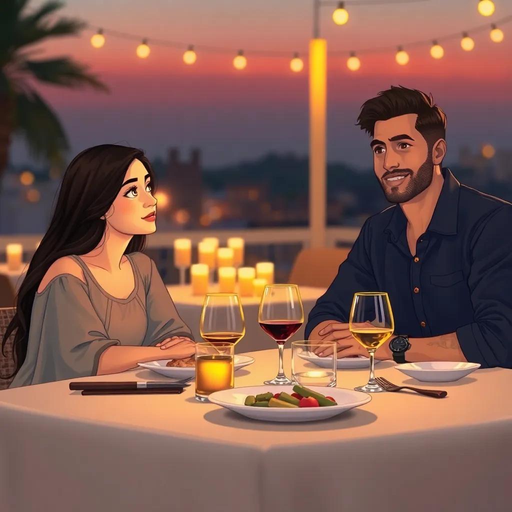 A scene where Leila and Rami are sitting at a table for dinner at dusk, with an ambiance of soft lighting. Leila, a young Middle Eastern woman with long dark hair, wearing a modest dress, looks curious as she listens to Rami, a handsome Middle Eastern man, with a confident smile wearing casual attire, warm light surrounding them, subtle emotions in the air, digital illustration, heartwarming, engaging, high quality