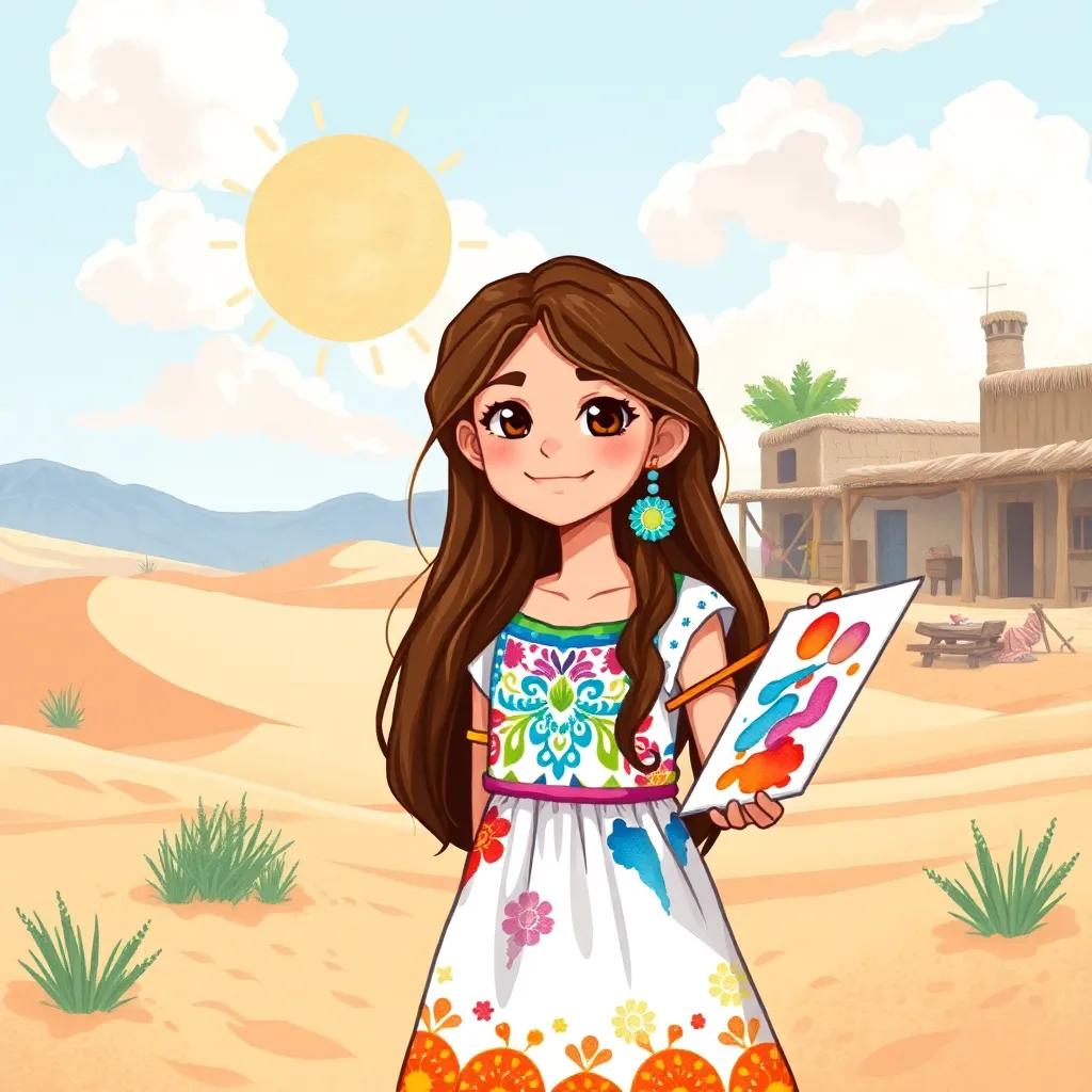 A young girl, Leila, with long brown hair, wearing a colorful dress, painting with vibrant watercolors in a sunny village surrounded by sand dunes, joyful atmosphere, bright colors