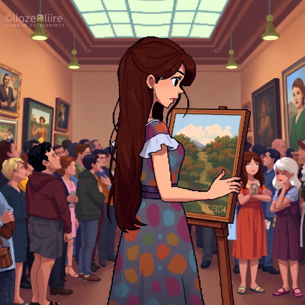 Leila, a young artist with long brown hair in a colorful dress, standing in a crowded art hall, nervously holding her painting while many artists and visitors watch her, emotional and hopeful mood