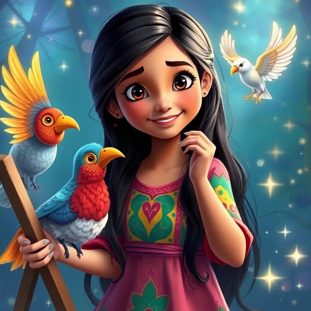 ليلى, a young Arab girl with long dark hair in a colorful dress, painting a lively bird that seems almost alive, with magical sparkles around the painting, whimsical art style, colorful, enchanting environment, bright and joyful, high quality