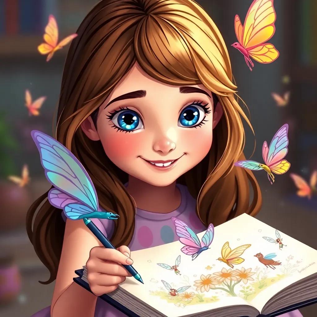 Leila, a young girl, with brown hair and blue eyes, drawing fairies with colorful wings, her sketchbook full of magical creatures, filled with joy and laughter, illustration, bright colors, imaginative, playful perspective, high quality
