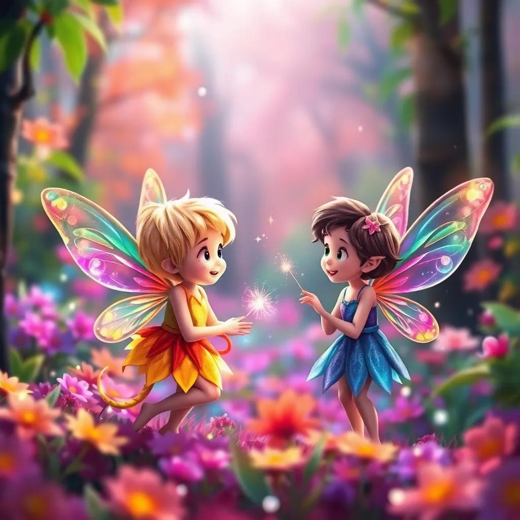 Two small fairies, colorful wings shimmering, appearing from a drawing, talking cheerfully to Leila, in a beautiful colorful forest, magical sparkles in the air, enchanting scene, digital painting, vivid detail