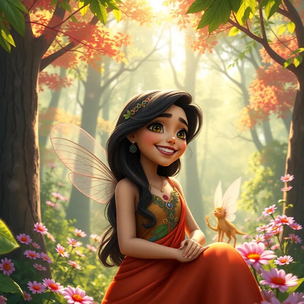 Leila in the magical forest, with colorful trees and dancing flowers, laughing with the fairies who look delighted with her artistic talent, bright sunlight filtering through leaves, fantasy atmosphere, richly colored