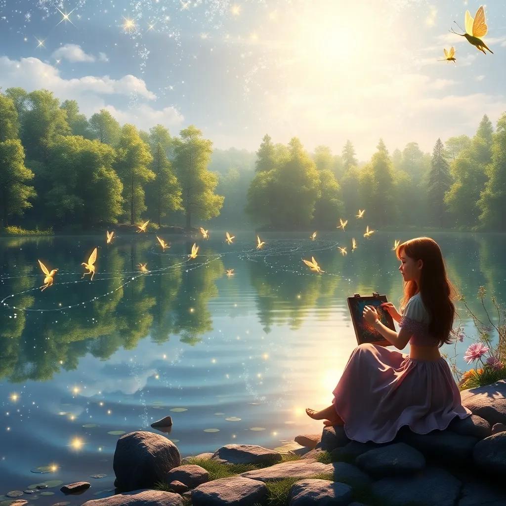 A beautiful sparkling lake with reflections of the fairy forest, Leila sitting by the water painting the fairies dancing around, magical creatures glowing softly, peaceful and dreamy scenery, high quality