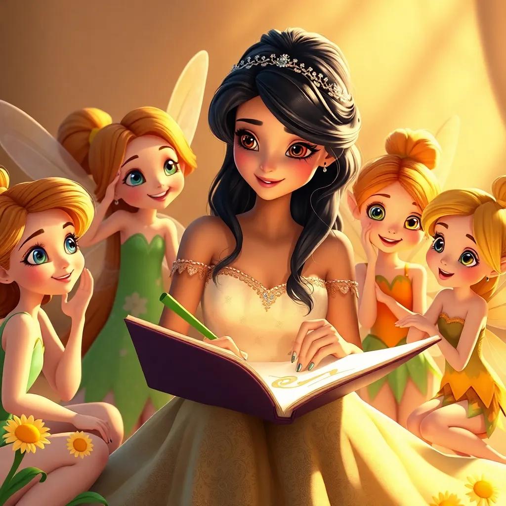 Leila drawing in her sketchbook, fairies gathered around admiring her art, with big smiles and sparkly eyes, warm sunlight illuminating their happy faces, joyful gathering, digital illustration, vibrant colors