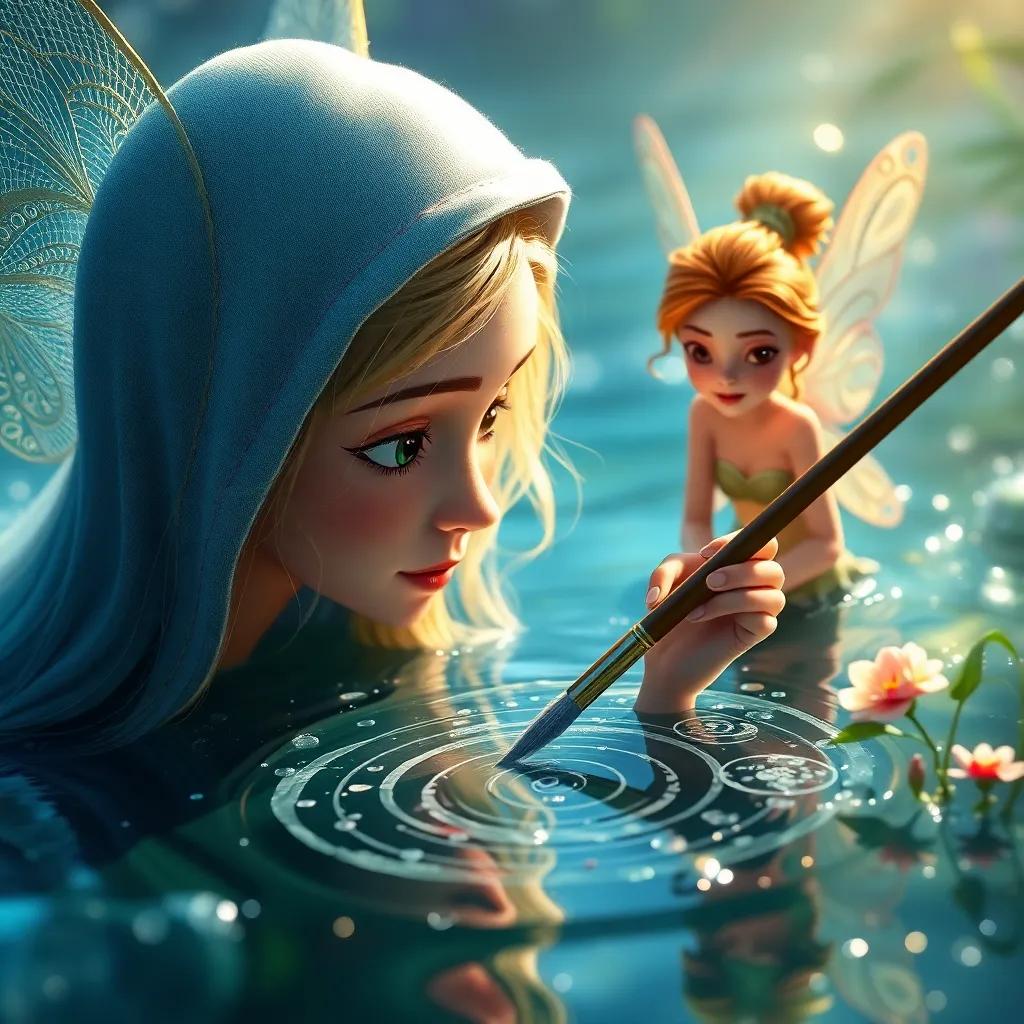 A close-up of Leila painting a picture in the water, her brush creating magical patterns, the fairies looking on with amazement, water shimmering under the sunlight, captivating detail