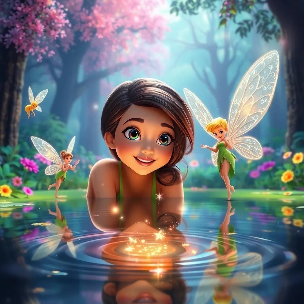Leila looking proudly at her artwork in the water, fairies cheering for her with sparkling wings, the background of the colorful magical forest, feel of celebration, rich details