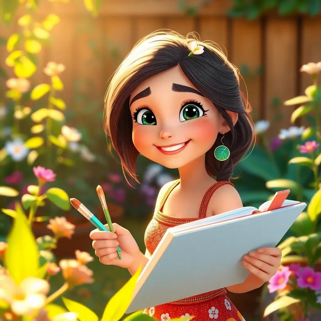 Leila back in her garden, smiling brightly with her paints and sketchbook, glowing with excitement, a hint of magic in the air, warm and inviting scene, cheerful ambience, high quality