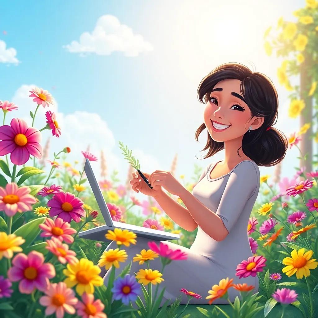 Leila happily creating more art in her garden, with colorful flowers blooming around her, feeling inspired and joyful, the sun shining bright, heartwarming atmosphere, digital art, vivid colors