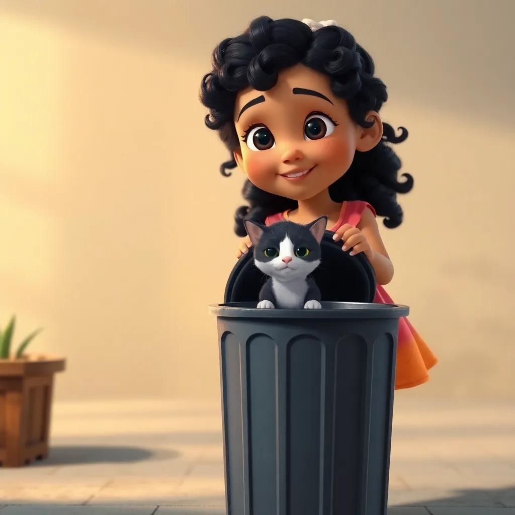 A young girl, Leila, with curly dark hair and wearing a bright dress, lifting a trash can to reveal a small sick cat, warm light, realistic, cheerful, engaging, digital art