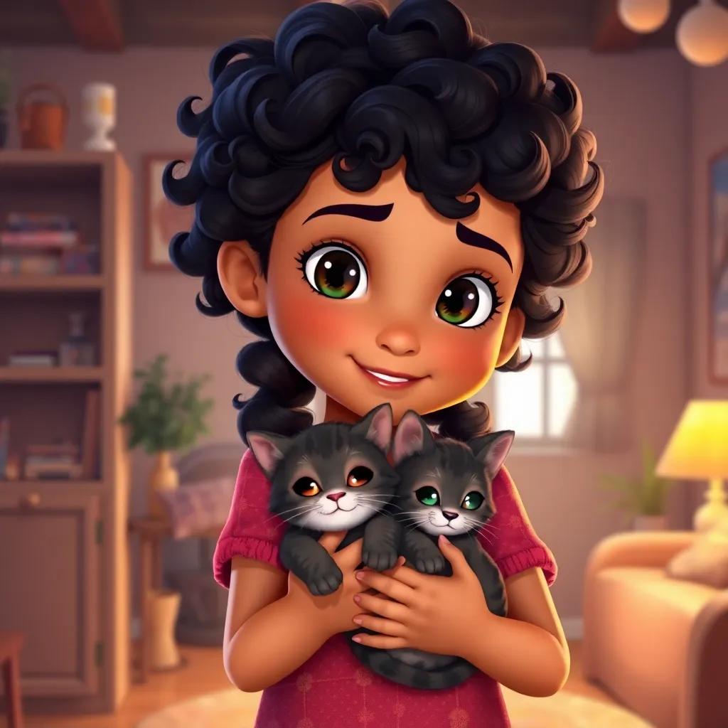 Leila, a young girl with curly dark hair, holding a small cat named Nouna, with a cozy home background, vibrant colors, inviting atmosphere, high quality