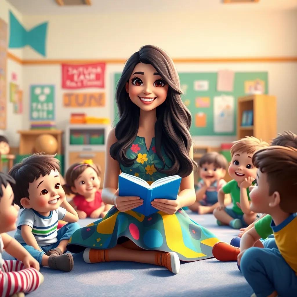 A cheerful teacher, Leila, with long, dark hair, wearing a colorful dress, sitting on a classroom floor surrounded by excited children, holding a book, bright classroom, digital art, vibrant colors, joyful atmosphere, high quality