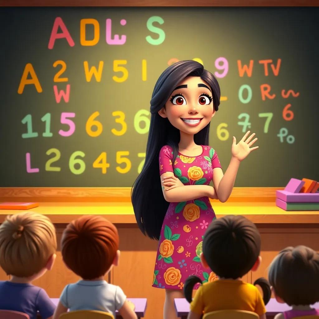 Leila, a cheerful teacher with long, dark hair in a colorful dress, standing in front of a blackboard filled with colorful letters and numbers, engaging with kids, playful atmosphere, clean and inviting, educational theme, warm light