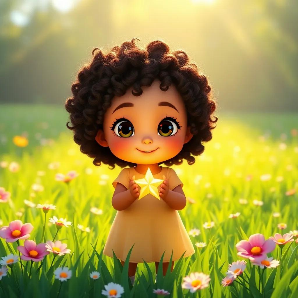 Leila, a small girl with curly hair, holding a shiny star gently in her hands standing in a green field with flowers, sunlight shining brightly, cheerful mood, digital illustration, vibrant colors, eye-catching scene