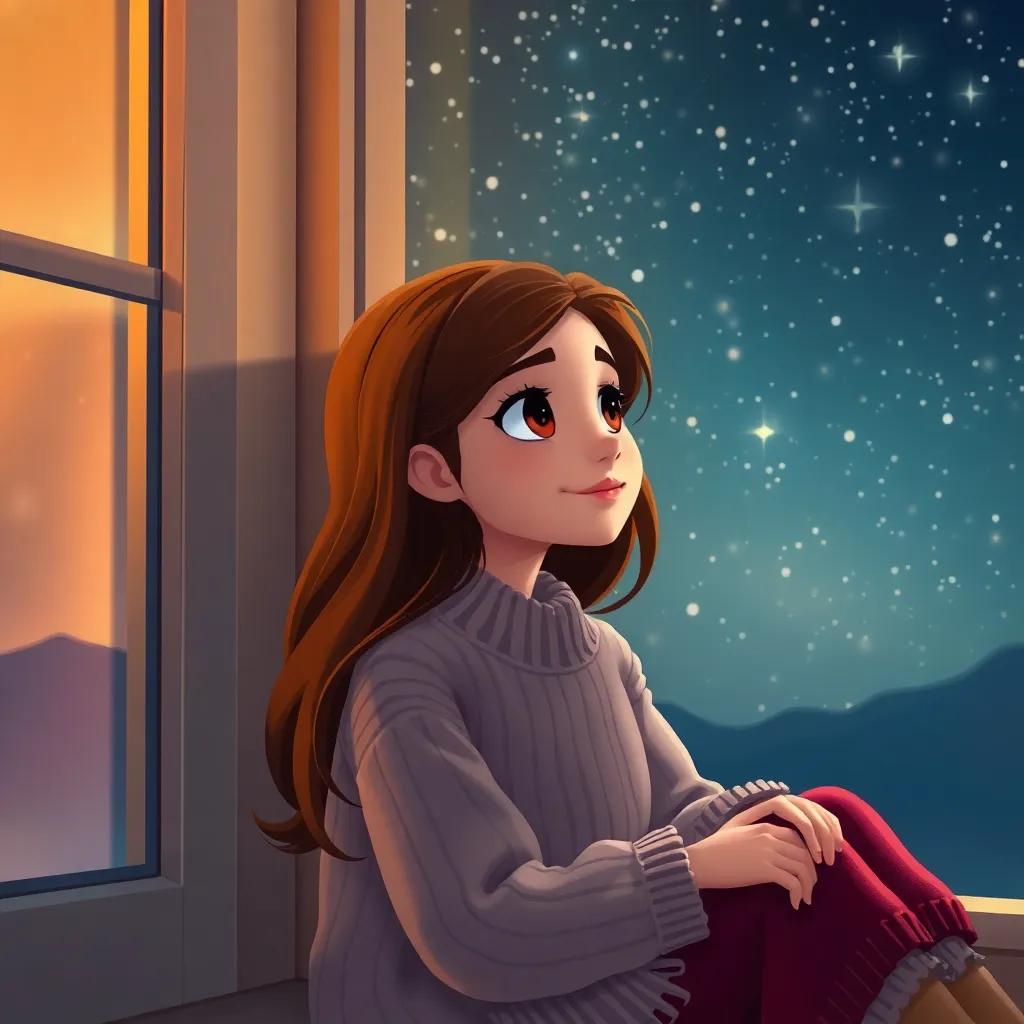 A young Arab girl, Leila, with long, brown hair wearing a cozy sweater, sitting by a window, gazing at a starry sky filled with twinkling stars, digital art, warm colors, inviting atmosphere, high quality