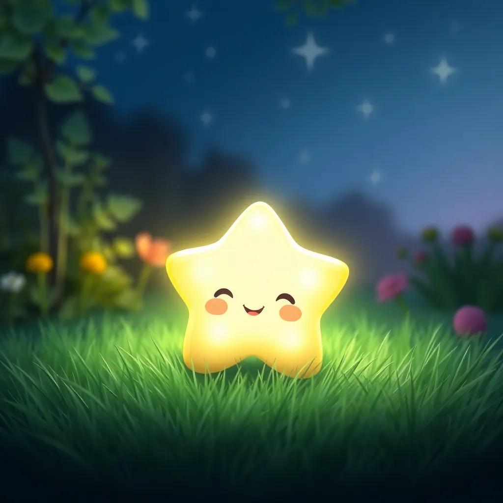 A small, glowing star, Nuri, with a shiny surface and cheerful expression, sitting on green grass in a garden, surrounded by gentle night light and twinkling stars above, illustration, magical, whimsical, child-friendly
