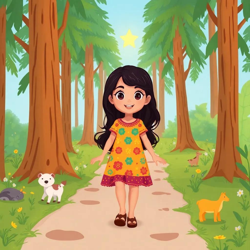 A young Arab girl, Leila, with long, dark hair in a colorful dress, walking on a path surrounded by tall trees and small animals, following a shining star, illustration, cheerful, adventure-themed, child-friendly
