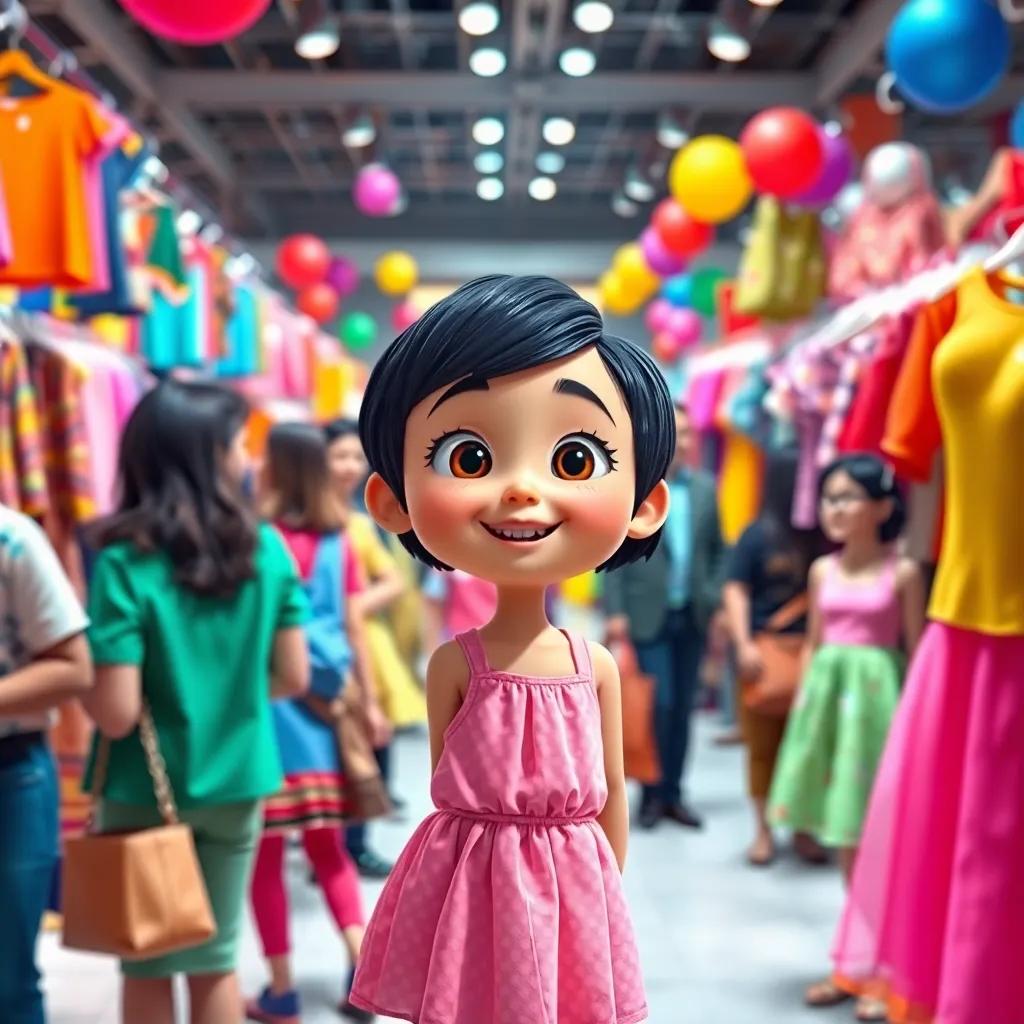 A bright and colorful clothing exhibition bustling with people, featuring vibrant clothes and happy faces, a little girl named Layla with short black hair wearing a pink dress, looking excited and curious, warm lighting, joyful atmosphere, digital art, high quality