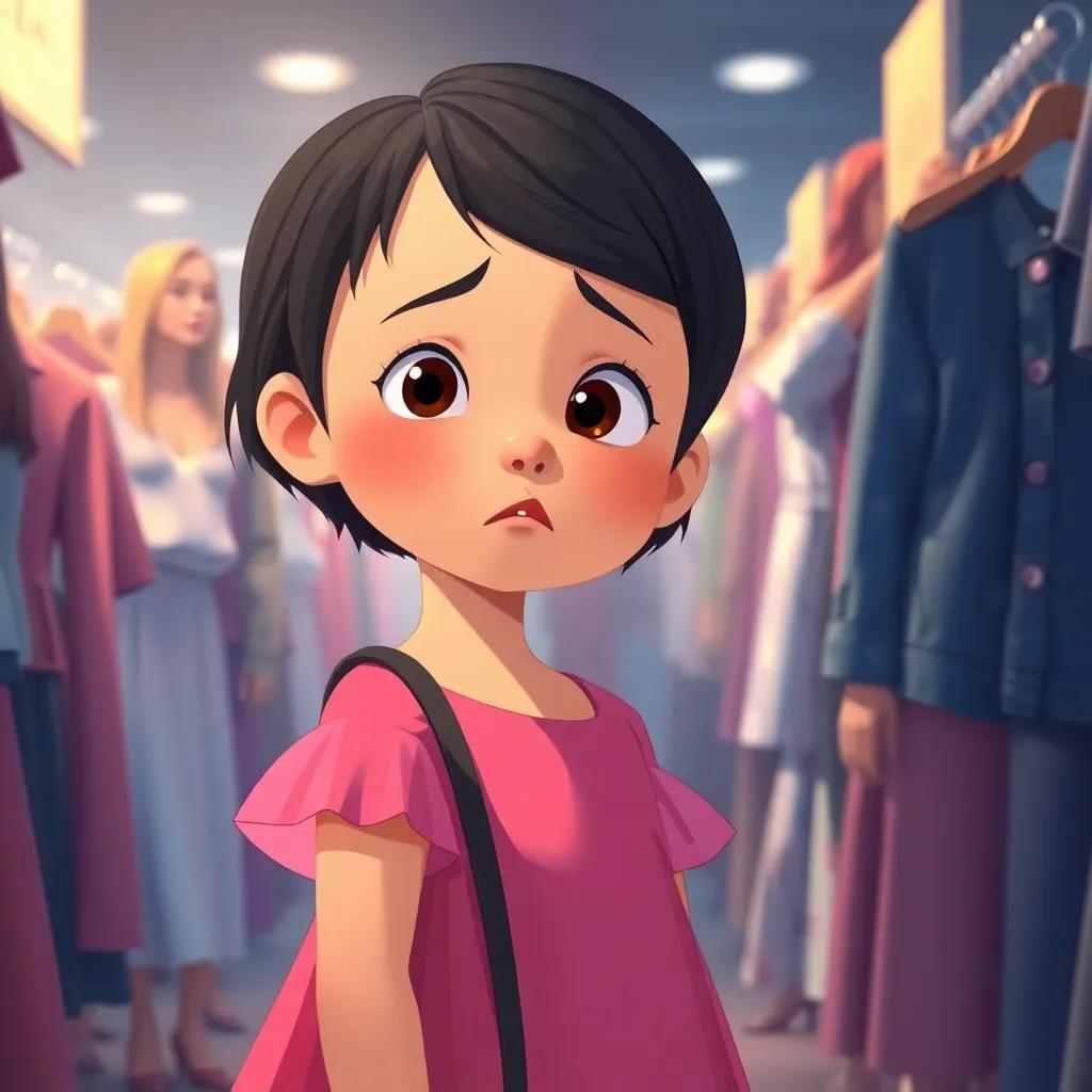 Layla, a little girl with short black hair wearing a pink dress, looking around worriedly in a busy clothing exhibition, feeling lost among the crowd, soft lighting, emotional scene, child-friendly, heartwarming illustration