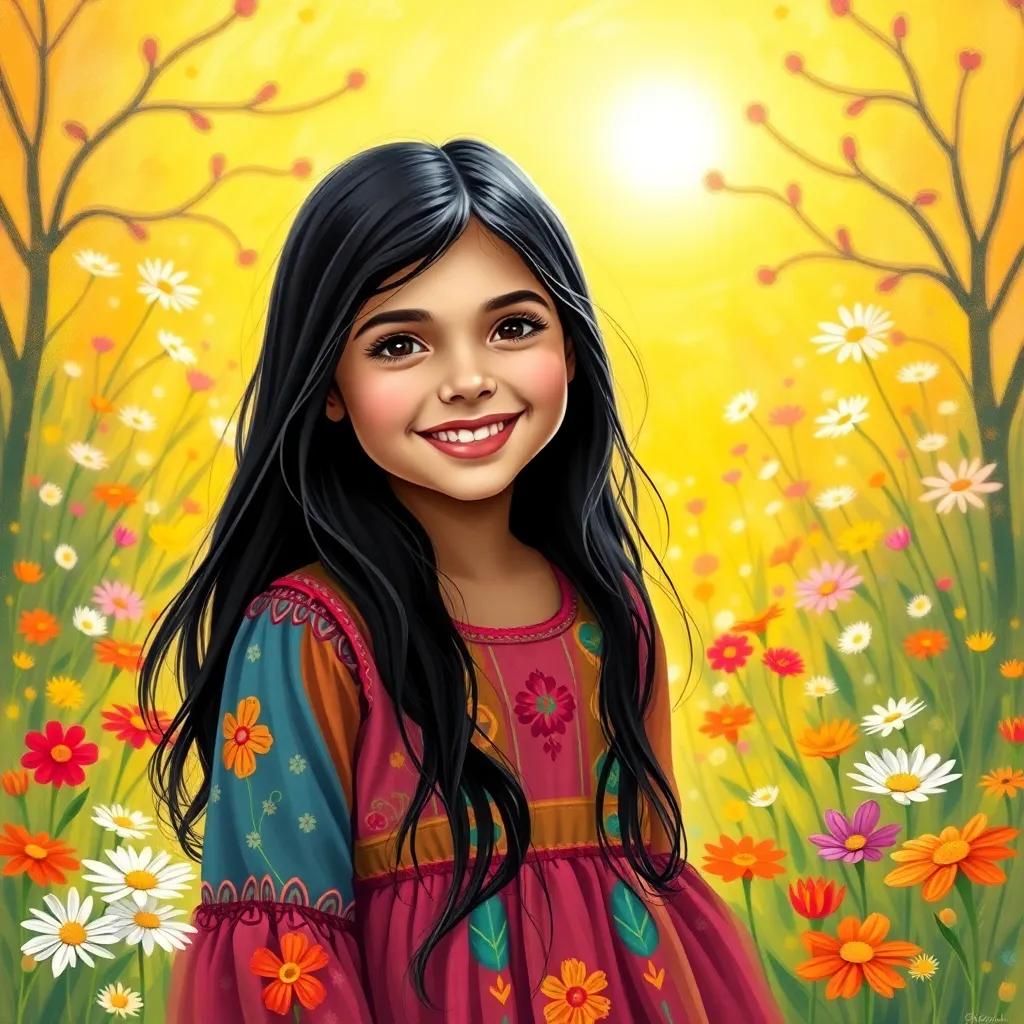 A young Arab girl, Leila, with long black hair, wearing a colorful dress, smiling brightly in a sunny meadow filled with flowers, cheerful atmosphere, digital art, vibrant colors, child-friendly, high quality