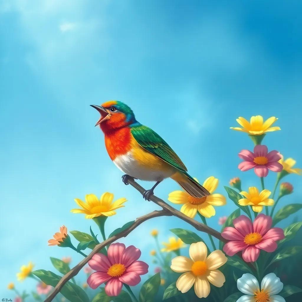 A small colorful bird perched on a branch, singing joyfully, surrounded by bright flowers and a clear blue sky, energetic and lively, illustration, cheerful colors, uplifting scene, high quality