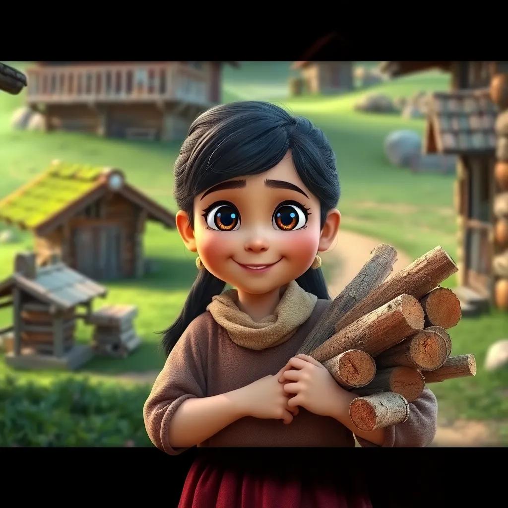 A young girl, Leila, with bright eyes and a smile, wearing simple clothes, carrying a bundle of firewood in a small village with wooden houses and green fields, cheerful atmosphere, detailed, vibrant colors, child-friendly, heartwarming scene.