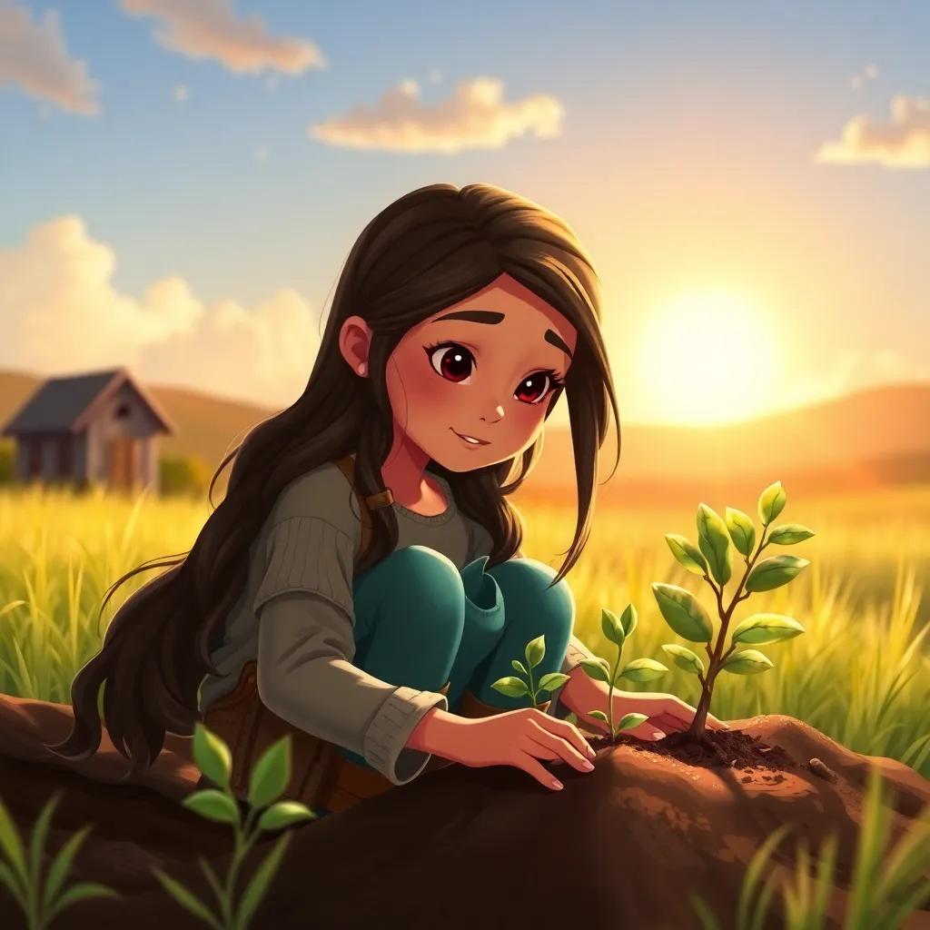 Leila, growing up, with long hair and wearing sturdy clothes, planting trees on her small piece of land with sunlight shining down, hopeful and inspiring, illustration, nature-inspired, vibrant colors, high quality.