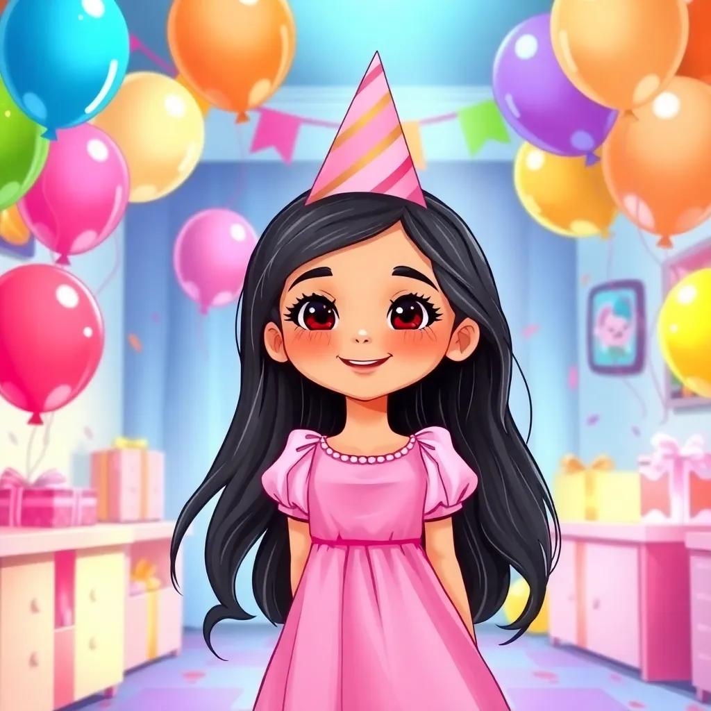 A young Arab girl, ليلى, with long, dark hair, wearing a pretty pink dress, surrounded by colorful balloons in her festive birthday room, joyful expression, vibrant atmosphere, digital art, cheerful lighting, child-friendly