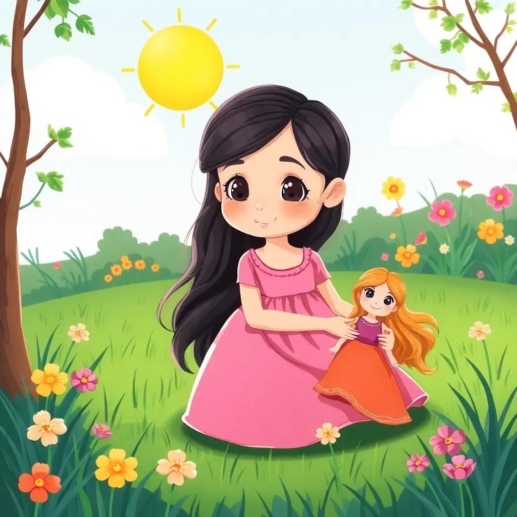 A young Arab girl, ليلى, with long, dark hair, wearing the same pretty pink dress, playing in her garden with her colorful doll, sunny day, green grass and flowers, imaginative storytelling scene, bright colors, high resolution, playful mood