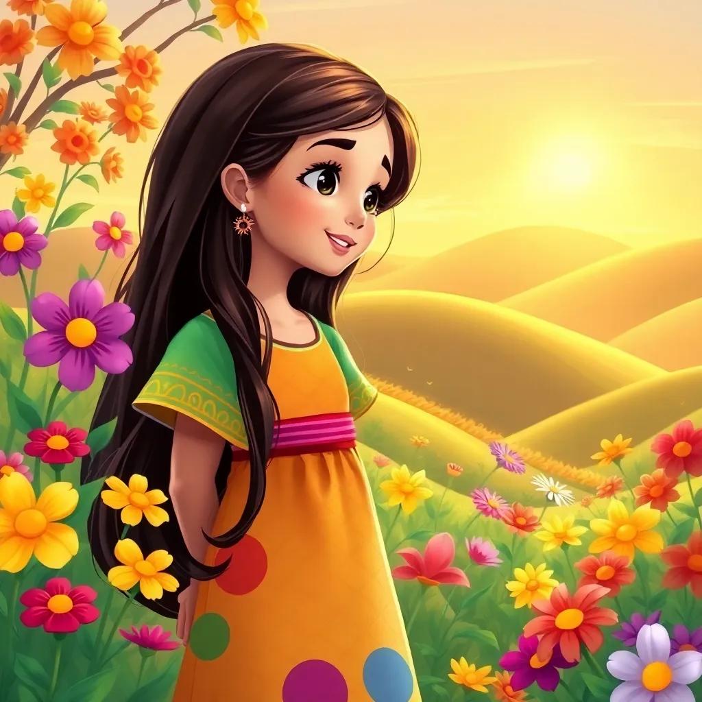 A young Arab girl, Leila, with long, dark hair, wearing a colorful dress, talking to colorful flowers in a vibrant garden, surrounded by hills and sunshine, digital art, cheerful atmosphere, bright colors, welcoming view, high quality
